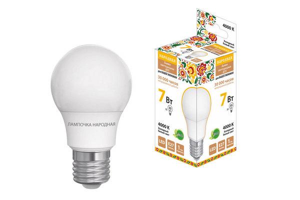 Лампа светодиодная НЛ-LED-A55-7 Вт-230 В-4000 К-Е27, (55х98 мм), Народная