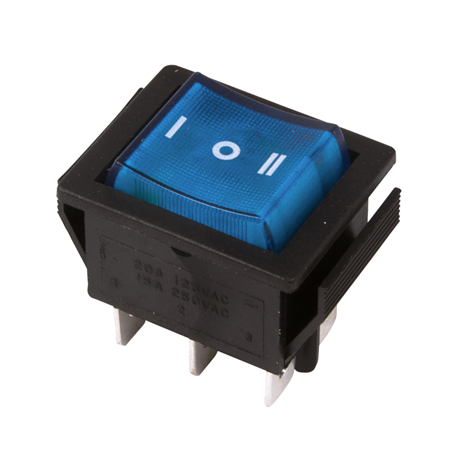 Выключатель клавишный 250V 15А (6с) ON-OFF-ON синий  с подсветкой и нейтралью (RWB-509, SC-767)  REX