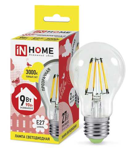 Лампа светодиодная LED A60 deco 9Вт 230В Е27 3000К 810Лм прозрачная IN HOME
