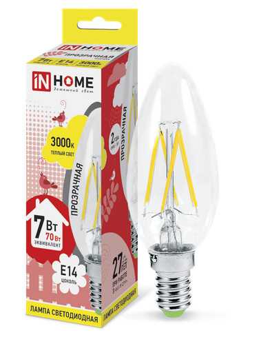 Лампа светодиодная LED СВЕЧА deco 7Вт 230В Е14 3000К 630Лм прозрачная IN HOME
