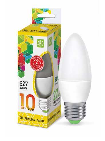 Лампа светодиодная LED СВЕЧА standard 10Вт 230В Е27 3000К 900Лм ASD