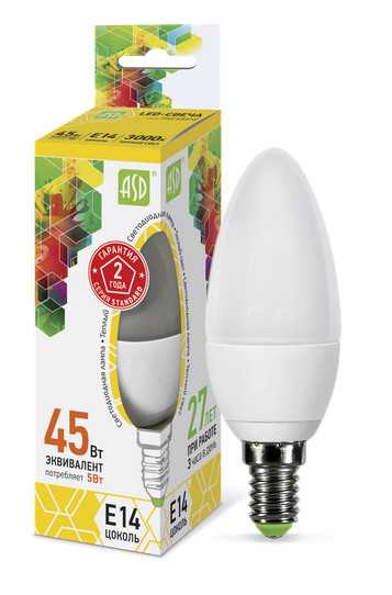 Лампа светодиодная LED СВЕЧА standard 5.0Вт 220В Е14 3000К 400Лм ASD_0